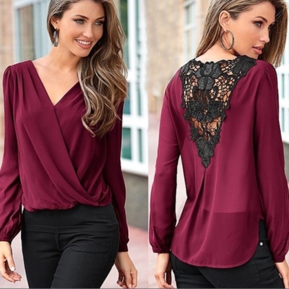 miami Tops - From Miami for Francesca’s Cross Front Lace Back Blouse in Burgundy sz small